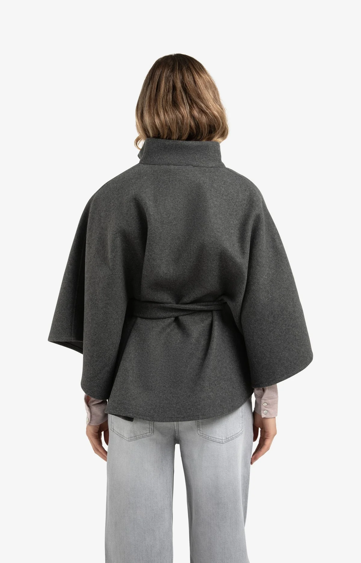 YAYA soft woven poncho with collar and belt in dark night grey melange - Image 3