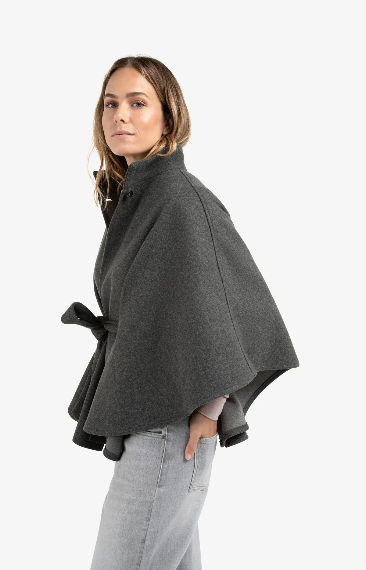 YAYA soft woven poncho with collar and belt in dark night grey melange - Image 4
