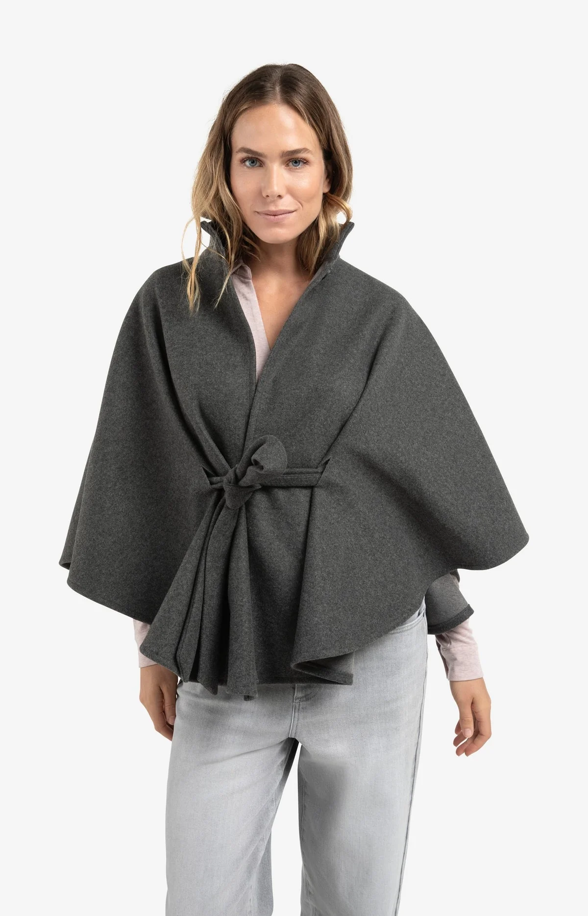 YAYA soft woven poncho with collar and belt in dark night grey melange - Image 5