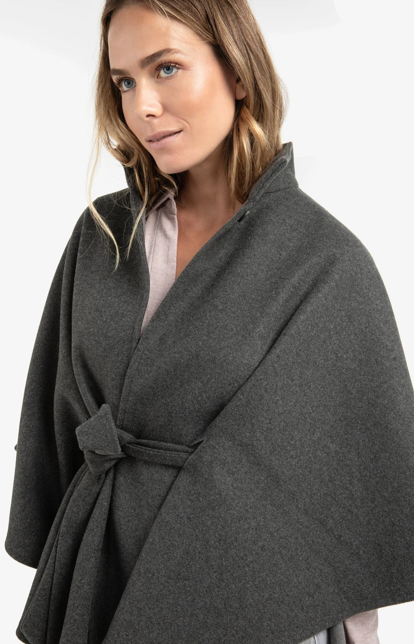 YAYA soft woven poncho with collar and belt in dark night grey melange - Image 6