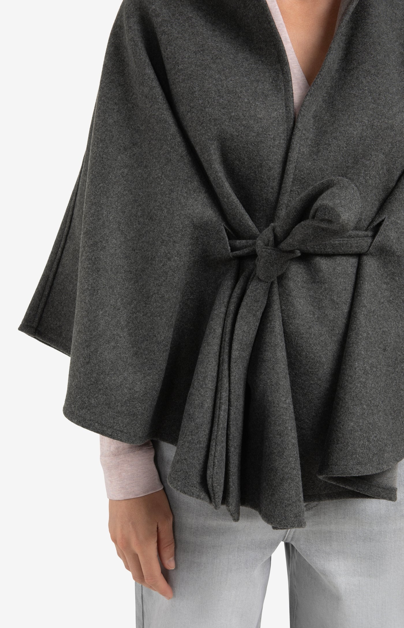 YAYA soft woven poncho with collar and belt in dark night grey melange - Image 7