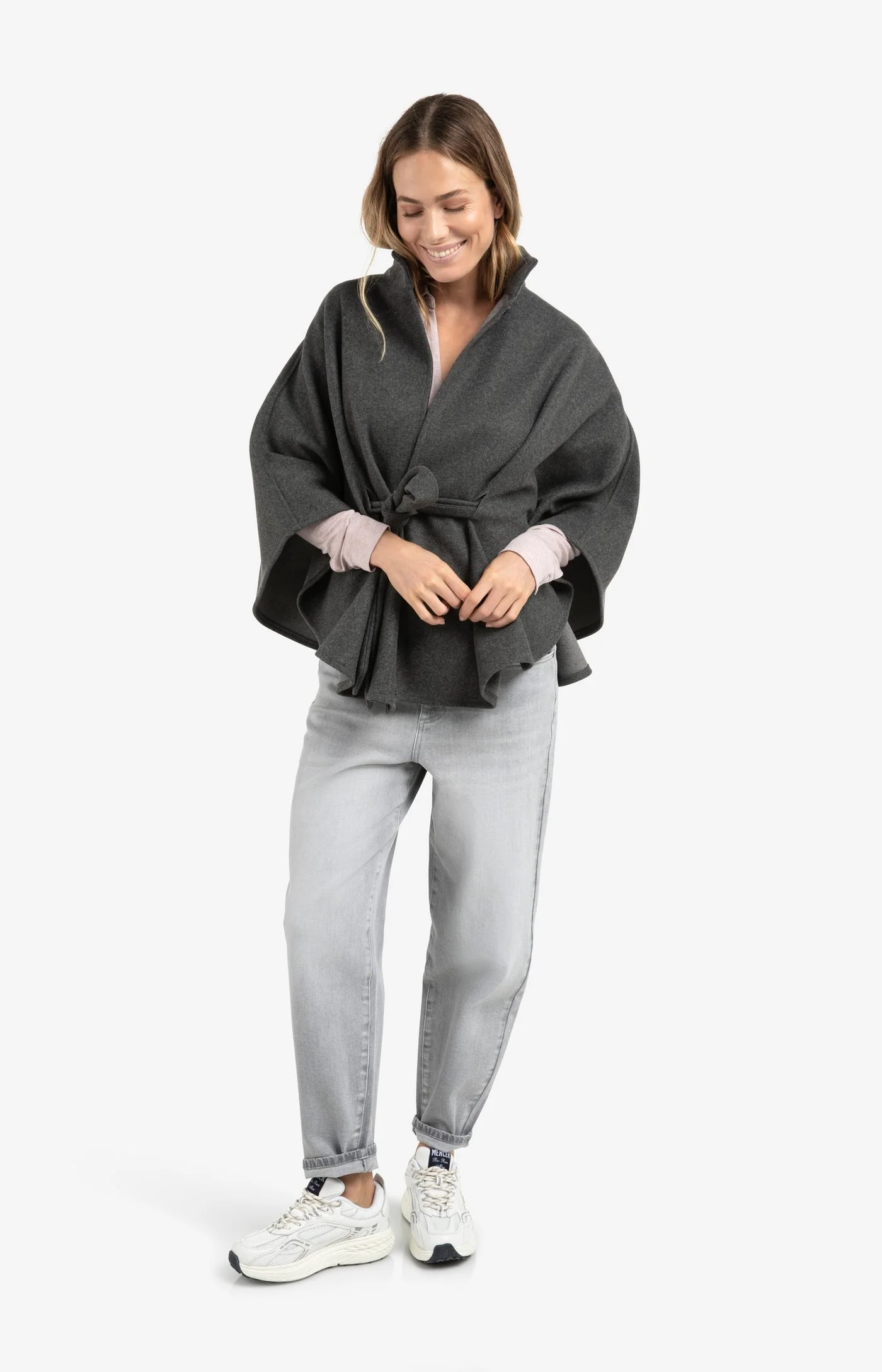 YAYA soft woven poncho with collar and belt in dark night grey melange - Image 8