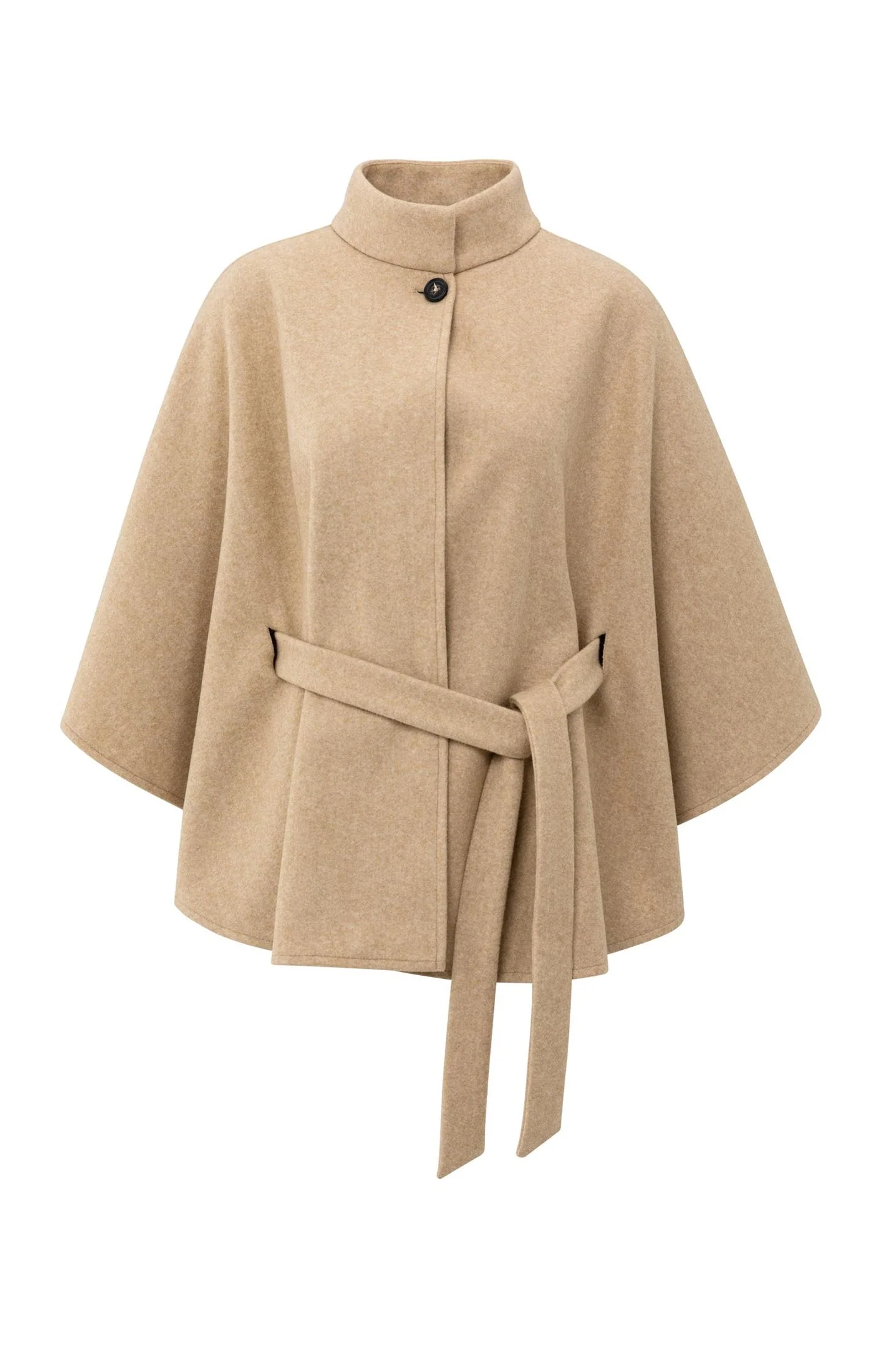 YAYA soft woven poncho with collar and belt in light camel melange - Image 2