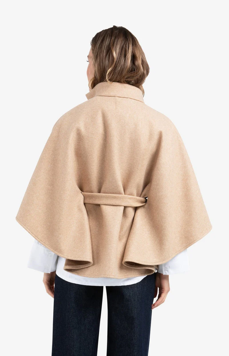 YAYA soft woven poncho with collar and belt in light camel melange - Image 3